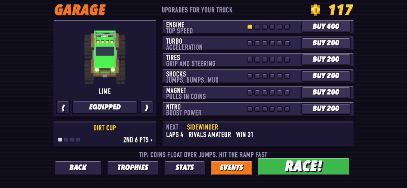The garage, with engine, turbo, tyre and nitro upgrades for sale