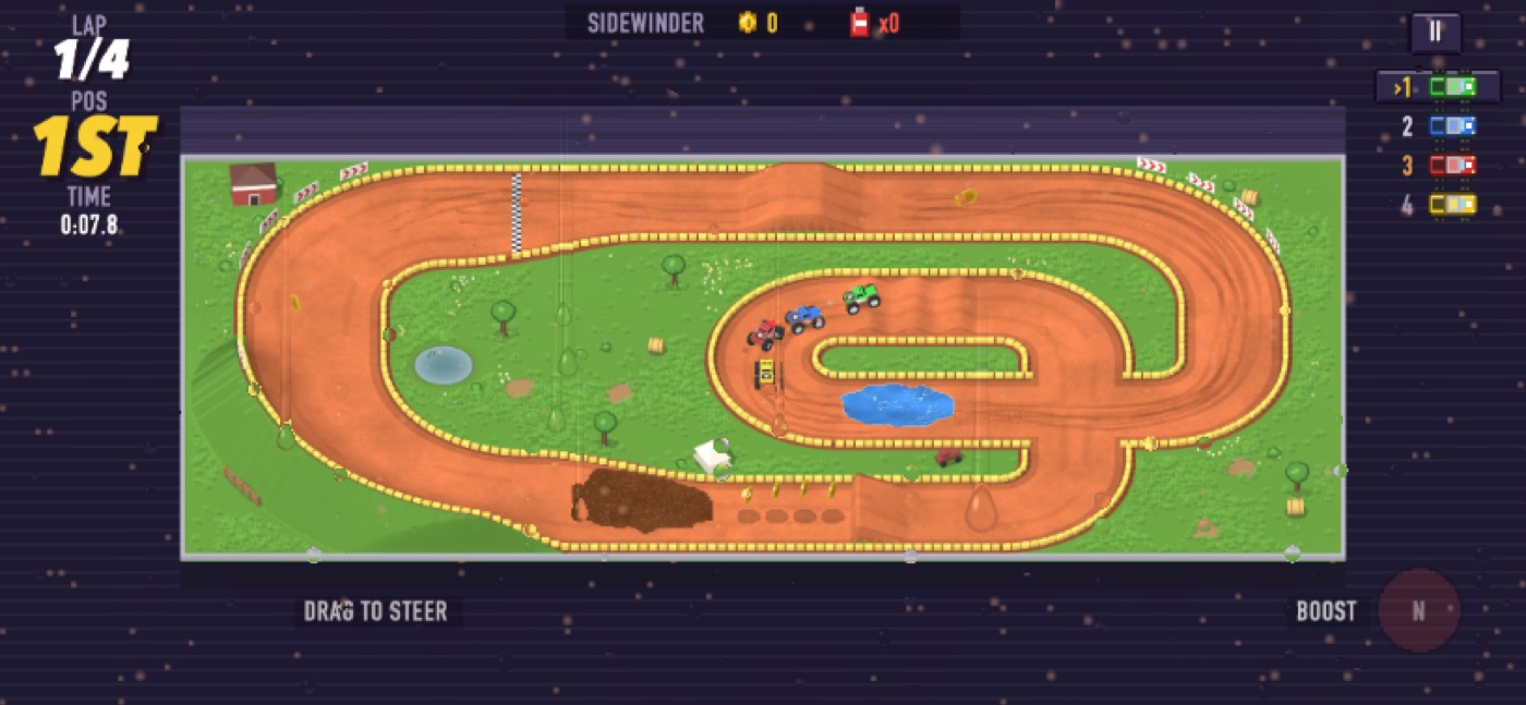 Four trucks racing on a dirt track with a pond and a mud patch