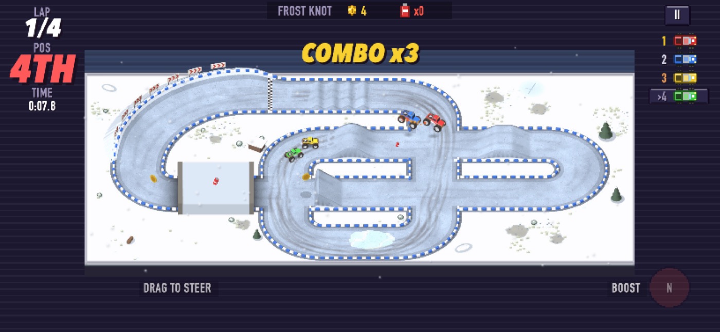 A snowy track with frozen puddles and a COMBO x3 banner
